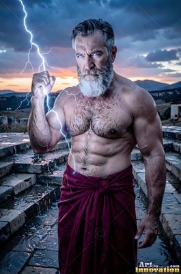 Standing on stone steps, a man with a beard holds a bolt of lightning in his fist