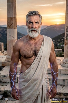 A gray-bearded man in a robe stands on a stone terrace with blue lightning on his arms