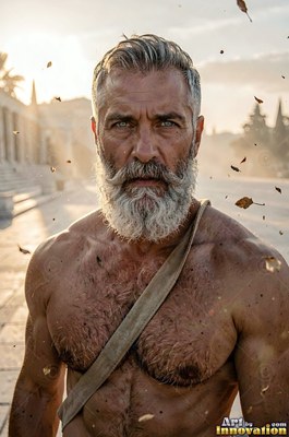 On a dusty stone plaza, a man with a bare chest with a pale gray beard stares forward