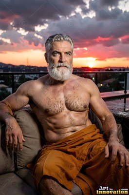 Sitting on a terrace at sunset, a shirtless well-built man rests in orange cloth