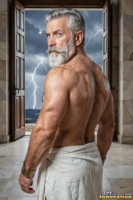 An unclothed-torso man with a white beard looks back before a lightning storm