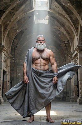 A thick white beard covers a broad-shouldered man wrapped in gray cloth under an old stone vault