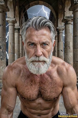 A strong man with a silver beard leans forward as lightning flashes in the sky