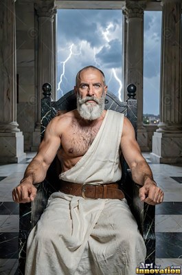 Seated on a dark stone throne on a terrace, a man who has a beard wears a cream robe