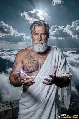 A bearded man in a white robe holds crackling blue lightning in his open hands