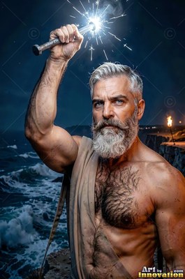 On a dark cliff above the sea, a silver-man who has a beard holds up a sparking bolt