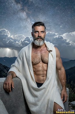 Standing outdoors at night, a muscular man draped in a white robe looks ahead under a starry sky