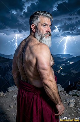 An unclothed-torso man with a gray beard looks back as lightning strikes behind him