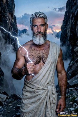 Wearing a draped tan cloth, a man stands between rocky cliffs holding white lightning