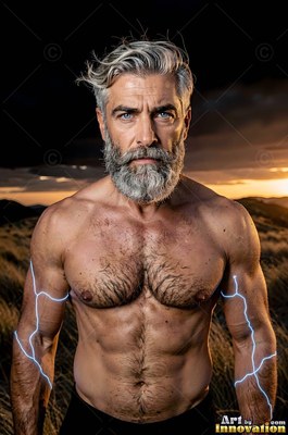 A shirtless gray-haired man stands outside with thin blue lightning on his arms