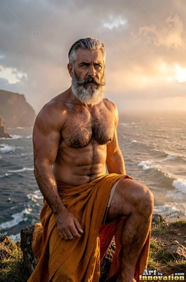 A bearded shirtless man kneels on a cliff above the sea at sunset
