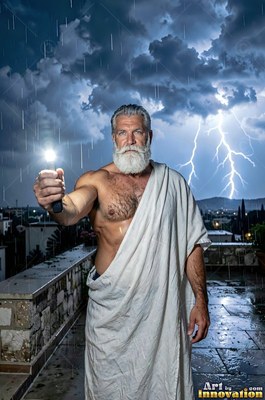 Man who has a beard in a white toga holding light in a storm