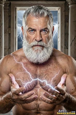 A thick silver beard frames a bare-chested man holding bright lightning between his hands in a stone doorway