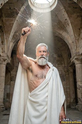A bearded man in a white robe holds up a crackling lightning bolt in a sunlit stone hall