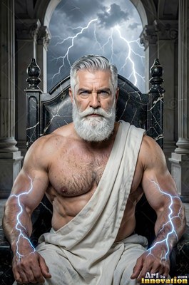 A broad-shouldered man with a white beard sits on a black throne as lightning strikes behind him