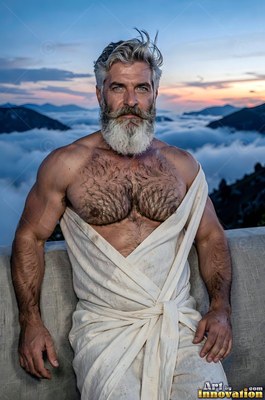 On a mountain terrace, a bearded man stands wrapped in white cloth above clouds