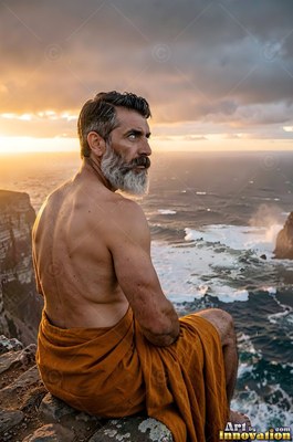 Sitting on a high cliff, a bare-chested man with a beard in orange cloth looks out over the ocean