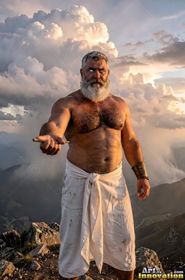 A bearded, shirtless man stands on a mountain under storm clouds