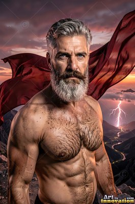 A red cape billows behind a bare-chested man with a pale gray beard on a mountain at sunset