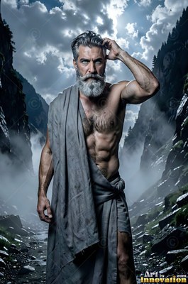 A gray-haired man with a beard stands in a mountain pass, lit by cool daylight behind him