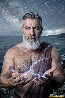 A silver-man who has a beard in a brown tunic holds lightning between his hands by the sea