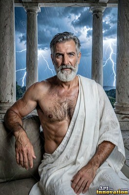 On a stone terrace, a gray-haired man sporting a beard dressed in a white robe sits before lightning