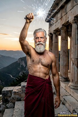 Holding up a sparkler, a man with a beard in a red wrap stands outside a stone temple