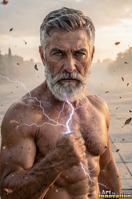 A muscular, gray-haired man sporting a beard grips lightning in his raised fist