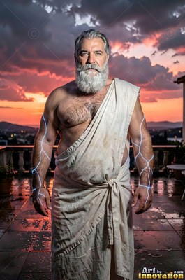A silver-man who has a beard draped in a white toga stands on a wet stone terrace at sunset