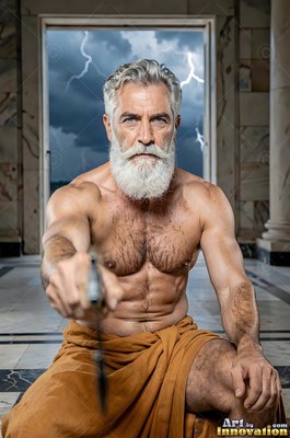 A bearded man kneels on a stone floor under the gray light of a storm doorway