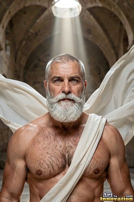 Facing forward in stone ruins, a man who has a beard wears draped white cloth