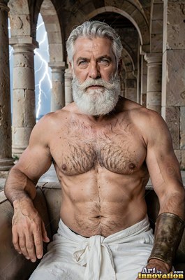 A shirtless, muscular older man with a gray beard sits near stone arches as lightning flashes behind him