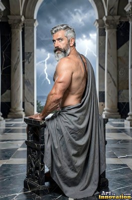 On a marble terrace, a silver-man sporting a beard in a gray cloth looks back at lightning