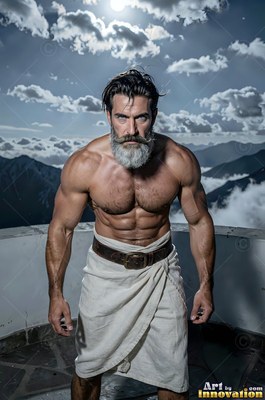 Standing on a high balcony, a muscular man with a gray beard wears a white wrap