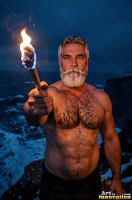 Shirtless bearded man holding up a flaming torch by the sea