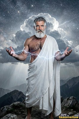 Draped in a white robe, a man with a beard holds lightning across his hands on a stormy mountain peak