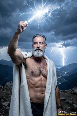 A bearded man raises a bolt of bright white lightning into dark storm clouds