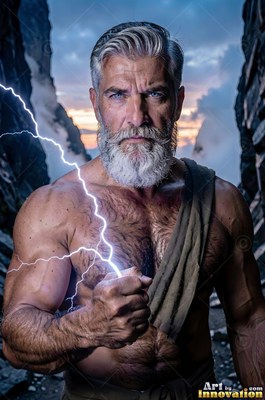 Facing forward between rocky cliffs, a silver-haired man grasps lightning