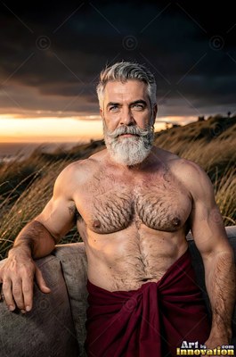 A shirtless older man with a white beard sits outside in front of a dark sunset sky
