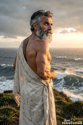 On a coastal cliff, a muscular gray-bearded man in a light robe looks out at the sea