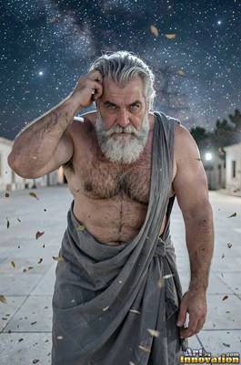Wearing a draped gray cloth, a muscular bearded man stands in an open stone plaza at night