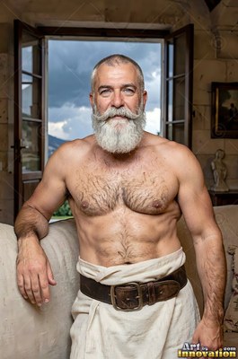 A silver-bearded man stands by an open window under cool daylight from gray clouds