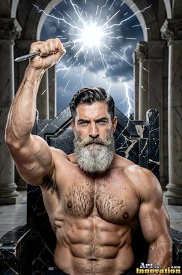 On a stone throne, a muscular full-bearded man raises a bolt of lightning