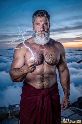 Holding lightning in his fist, a muscular silver-man who has a beard stands above clouds at dusk
