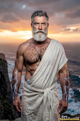 Full-bearded man in a white toga with lightning on his arms