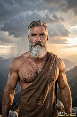 Brown cloth draped across one shoulder, a man who has a beard stands on a mountain under storm clouds