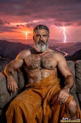 A man sporting a beard sits outdoors under an orange sunset sky with lightning behind him