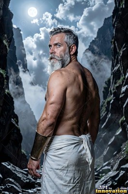 Turned back in a rocky gorge, a silver-bearded man looks over his bare shoulder