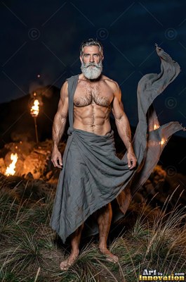 A barefoot, well-built man with a white beard stands outdoors at night in a gray tunic