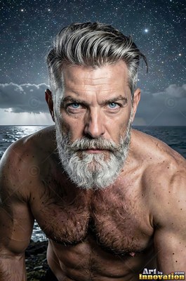 Under a starry night sky by the sea, a shirtless man with a graying beard leans forward
